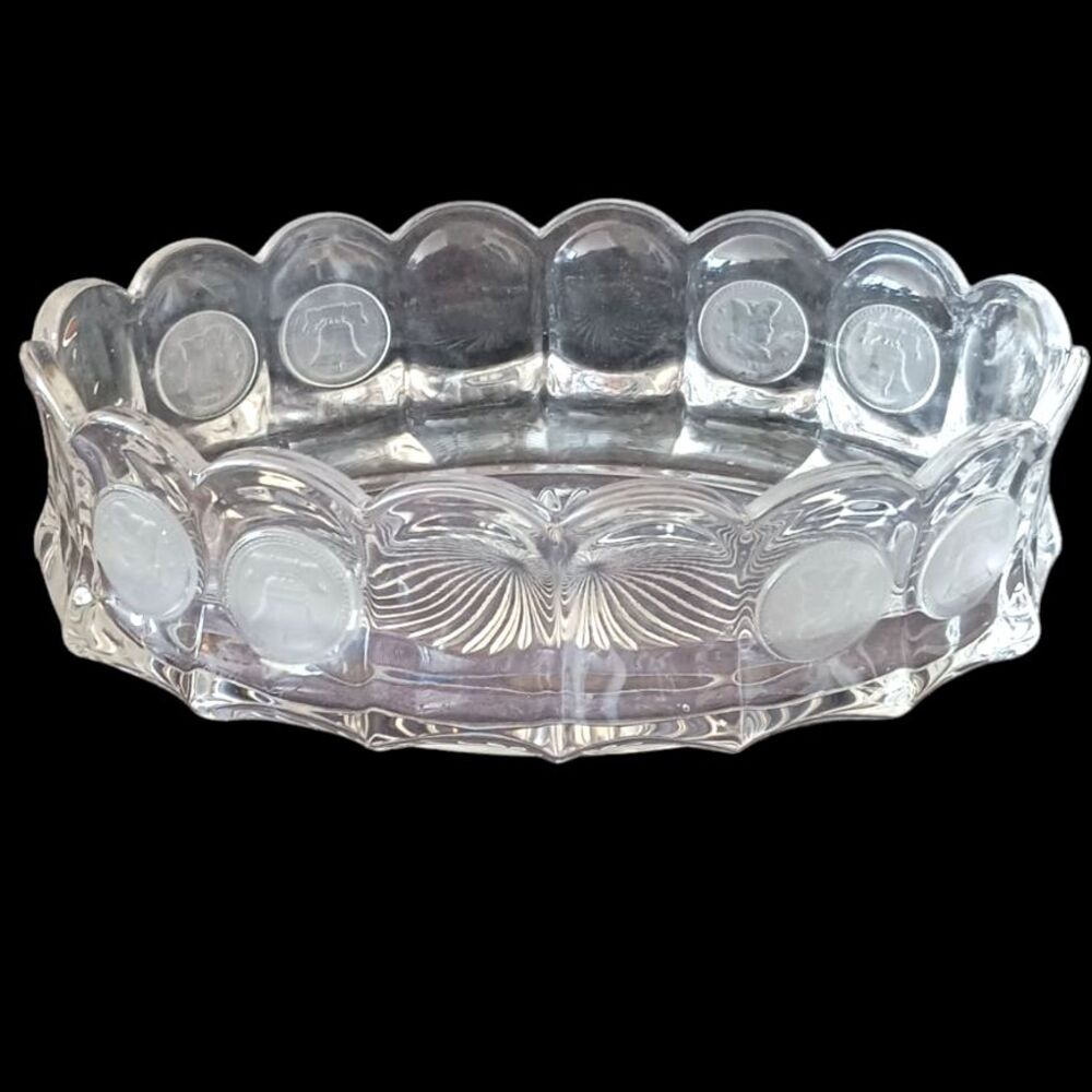 Vintage Fostoria Coin Oval Clear Glass Dish Elegant Washington Liberty Bell 10x6